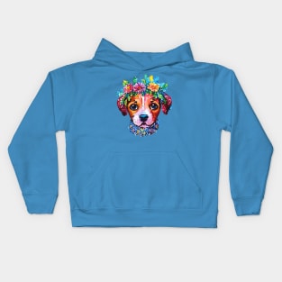 Beagle Puppy with Flower Crown Doodle Kids Hoodie